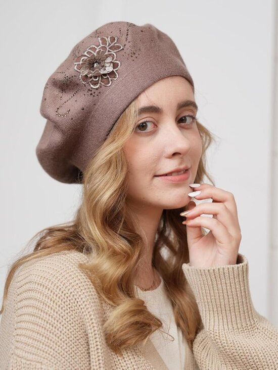 Women\'s French Style Flower Knitted Embroidery Beret Hats Wine Red 2 Flowers main image 7
